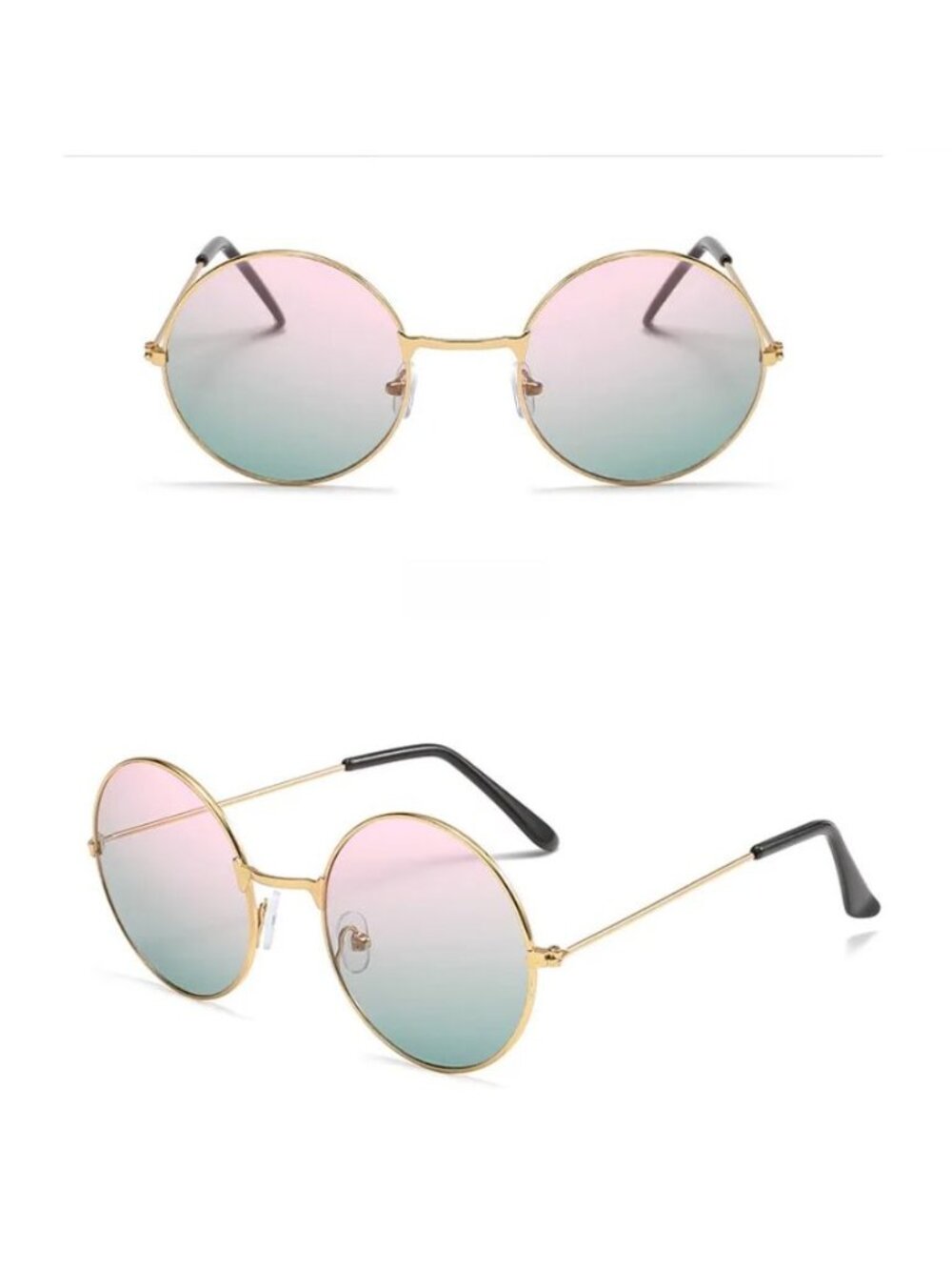 Retro Round Sunglasses With Gold Metal Frame Gradient Pink to Green Lenses
